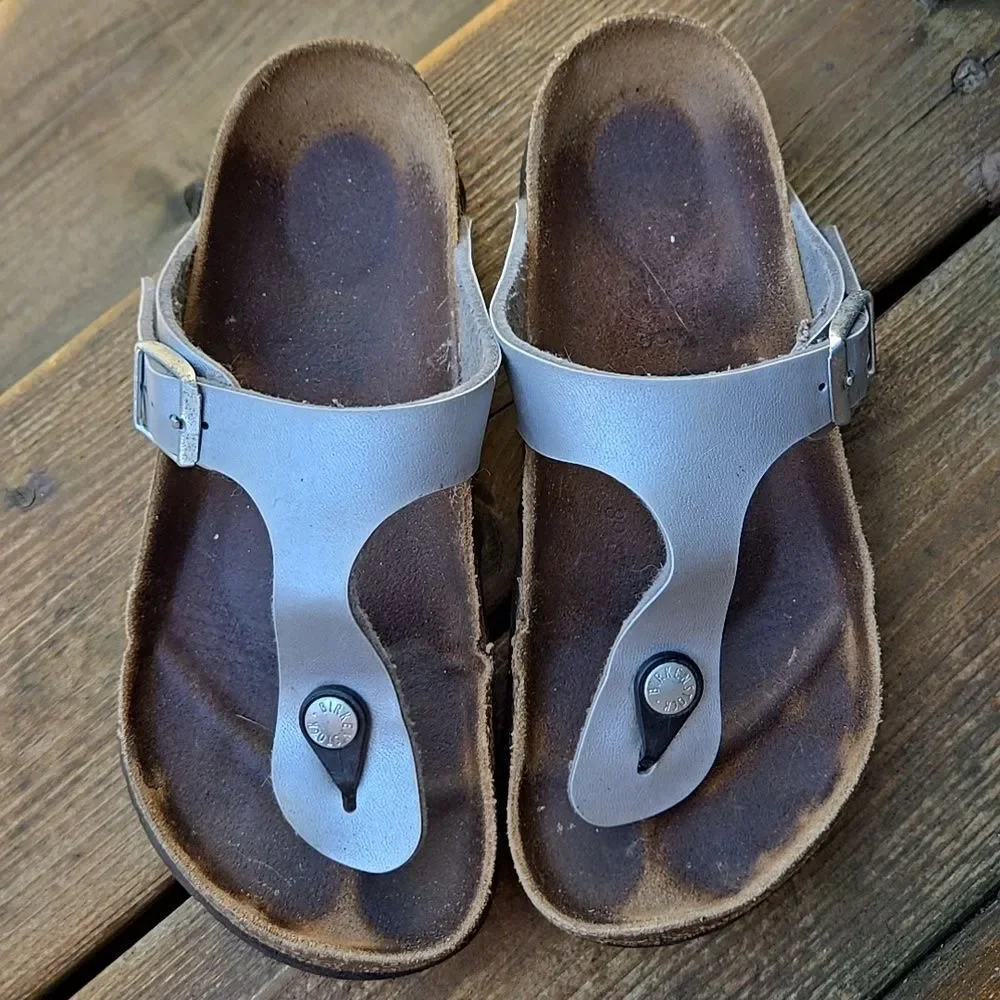 Gizeh Birko Flor Ice Pearl Onyx Silver Tone Leather Sandals Womens Girls 6.5 App